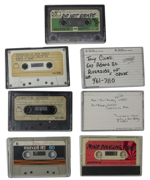 Lot of 7 Cassette Tapes, Mostly Interviews From the 1970s With One From the Mike Douglas Show, One Labeled ''Curly Moe Voices / Stooge Comedy (Sound)'', Moe Giving a Speech in Boston -- Very Good